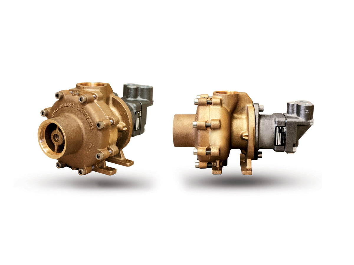 Two bronze hydraulic pump units for waterjet steering and firefighting functions used in HydTec's rescue boat hydraulic package.